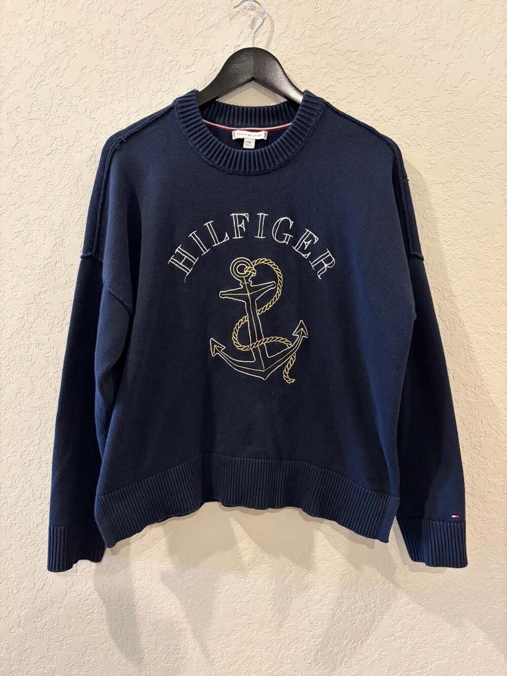 Tommy Hilfiger Women's Navy Blue Nautical Anchor Embroidered Knit Sweater